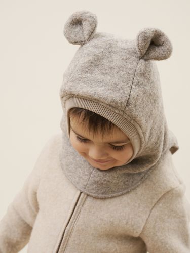 Huttelihut ullbalaclava med bamseører - camel melange